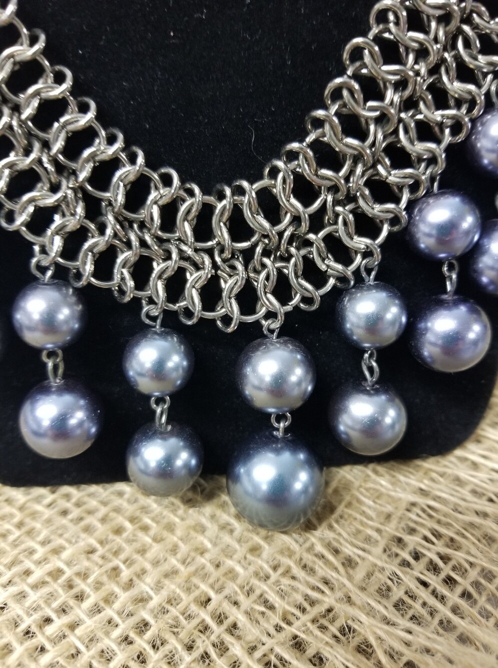 Chainmail Link Statement necklace W/ Grey Faux Pearls - Picture 8 of 8